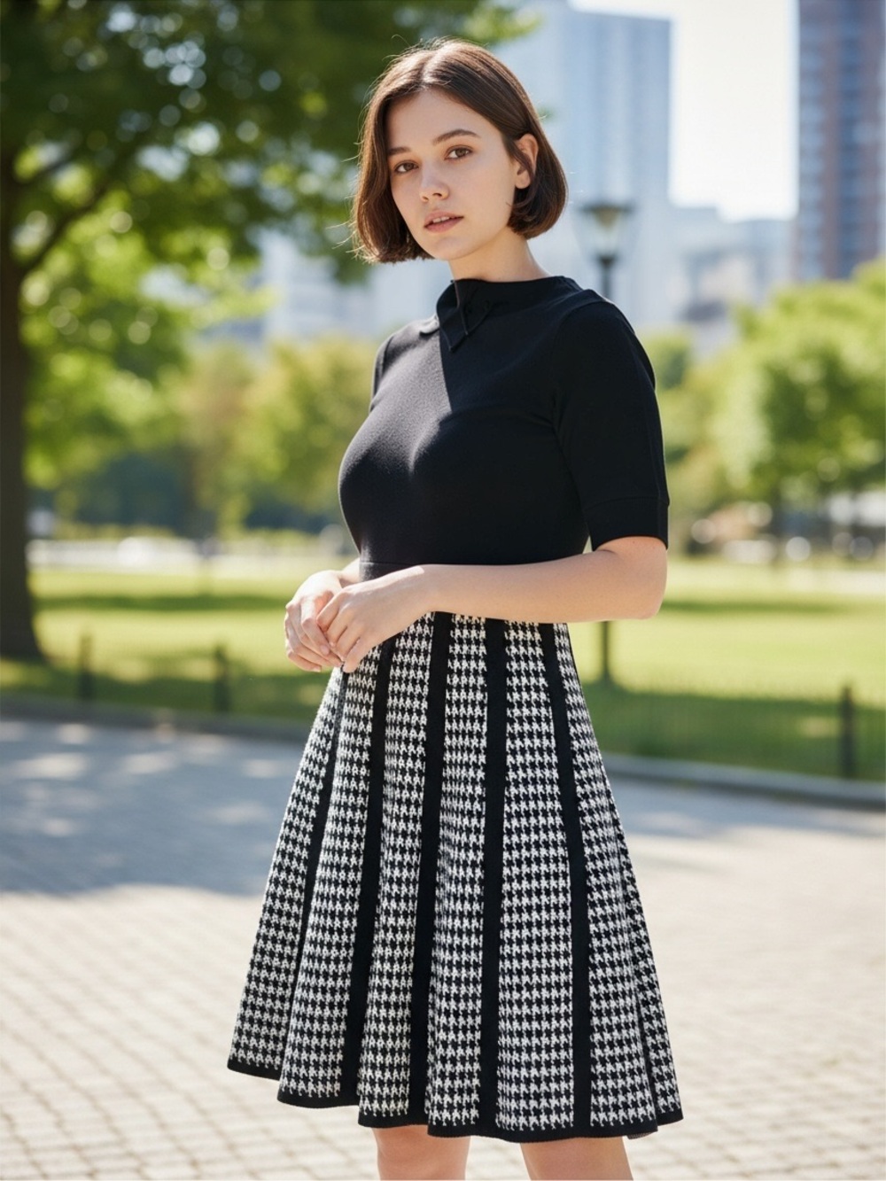 Nine West Black and White Houndstooth Midi Dress